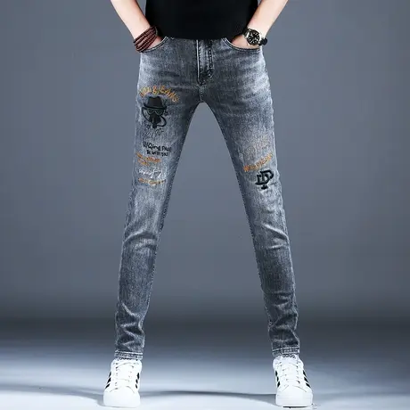 美式高街牛仔裤男款2024新款灰色修身时尚刺绣小脚裤子潮流休闲裤商品大图