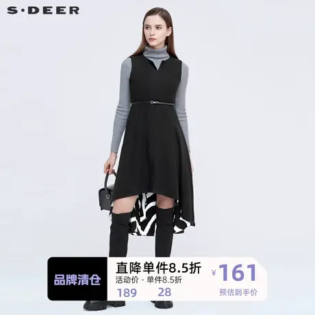 sdeer圣迪奥女装冬长裙休闲V领收腰撞色印花无袖连衣裙S20481224图片