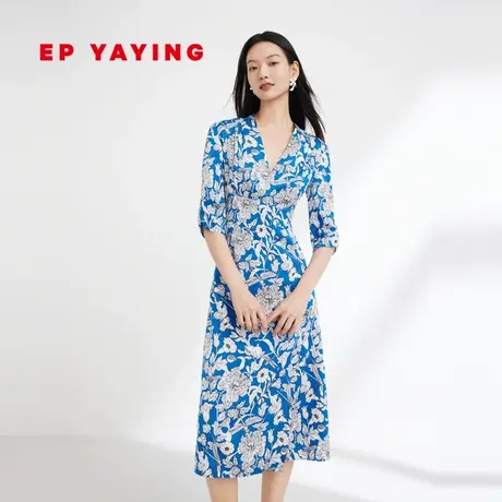 EP YAYING雅莹女装 真丝V领交叉收腰连衣裙 2023秋冬新款4603C商品大图