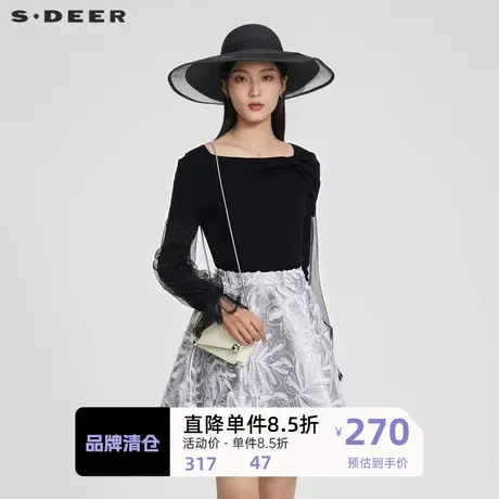 sdeer圣迪奥女装一字领网纱花边蝴蝶结针织衫S231Z3503🛴商品大图