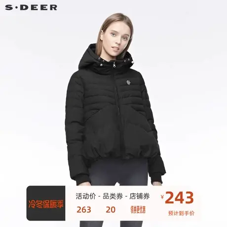 sdeer圣迪奥女装连帽字母印花拼接松紧罗纹纯黑羽绒服S19482472🔥商品大图