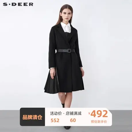 sdeer圣迪奥女装西装领收腰抽褶拼接长款黑色毛呢大衣S21481851🏳商品大图