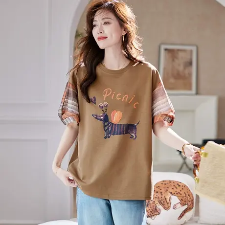 宝诗黎圆领字母印花短袖T恤2025夏季韩版宽松大码休闲棉质上衣女图片