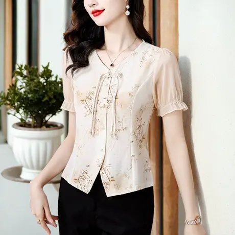 今年流行衬衫女夏款短袖新中式上衣收腰雪纺国风妈妈别致漂亮小衫商品大图