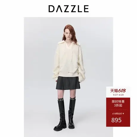 DAZZLE地素奥莱针织翻领套衫休闲慵懒风冬季抽绳毛衣女商品大图