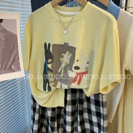 加柔触感 韩国东大门可爱卡通小狗宽松雪花棉短袖T恤女大版上衣夏商品大图