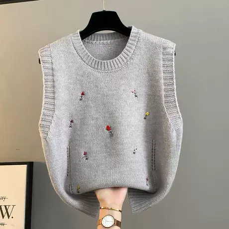 学院风刺绣减龄针织马甲背心女2025新款春秋无袖毛衣坎肩马夹外搭商品大图