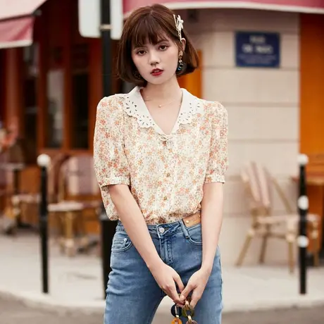 Oece娃娃领碎花小衫夏装新款小众设计感短袖印花衬衫上衣商品大图