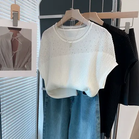 亮丝圆领冰丝针织衫女蝙蝠衫2025春夏新款宽松蕾丝上衣短袖t恤衫商品大图