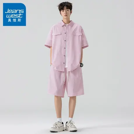 N5真维斯短袖衬衫男休闲套装2025夏季新款潮牌两件装男生一套衣服商品大图