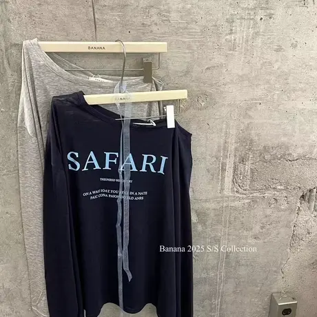 韩国东大门夏季新款韩版字母印花斜肩长袖T恤女防晒衫罩衫上衣潮商品大图