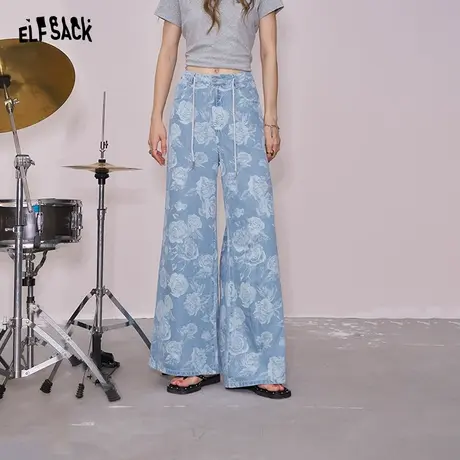 妖精的口袋玫瑰满印宽松牛仔裤女2025年夏季新款高腰直筒阔腿裤子商品大图