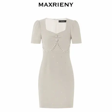 【奥莱】MAXRIENY复古简约燕麦色烫钻连衣裙春商品大图