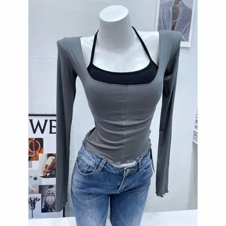 胸大腰细~纯欲辣妹紧身两件套上衣女性感带胸垫挂脖T恤衫春装新款图片