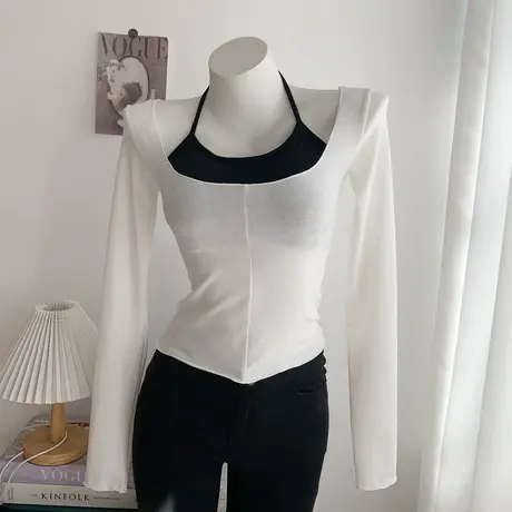 2023春夏纯欲性感显胸挂脖吊带加胸垫+白色透视长袖T恤上衣商品大图