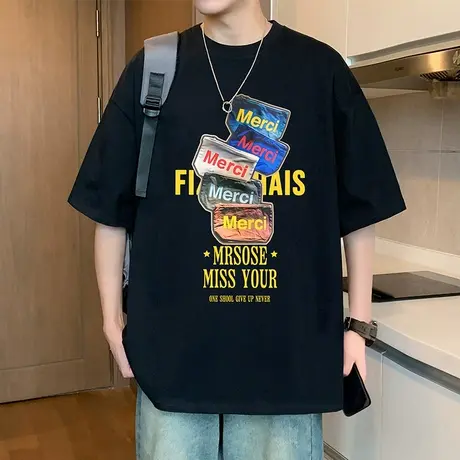 短袖t恤男夏季2025新款休闲纯棉宽松上衣ins大码男装美式体恤半袖图片