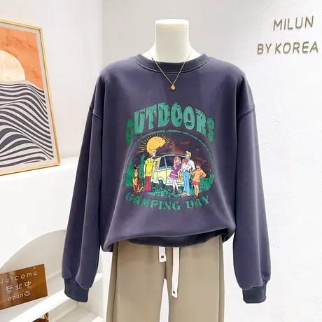 韩代同款上衣~2023秋款ins高级感灰色原宿风复古趣味涂鸦长袖卫衣图片