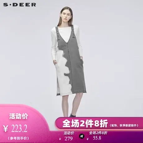 sdeer圣迪奥2019春季字母印胶做旧磨破开衩牛仔背带裙S19181205💏商品大图