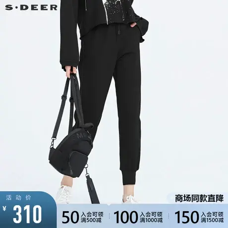 sdeer圣迪奥冬季女装时尚抽绳松紧罗纹运动黑色束脚长裤S20480813图片