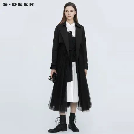 sdeer圣迪奥女装休闲翻领网纱拼接收腰长款春秋外套风衣S21181819图片