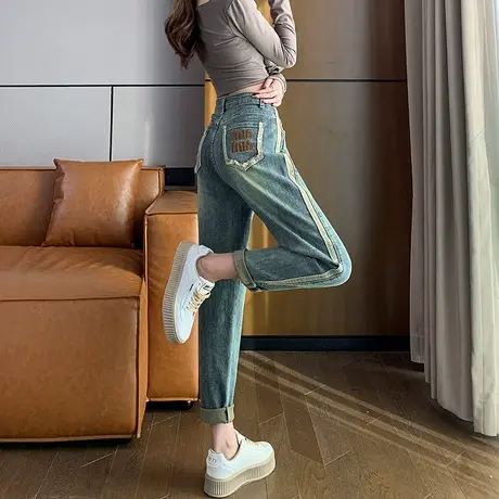 复古哈伦牛仔裤女秋季2025新款侧条纹拼接高腰宽松显瘦萝卜老爹裤商品大图