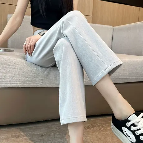 莫兰迪灰牛仔裤女2025春秋新款高腰宽松显瘦直筒八九分烟管裤图片