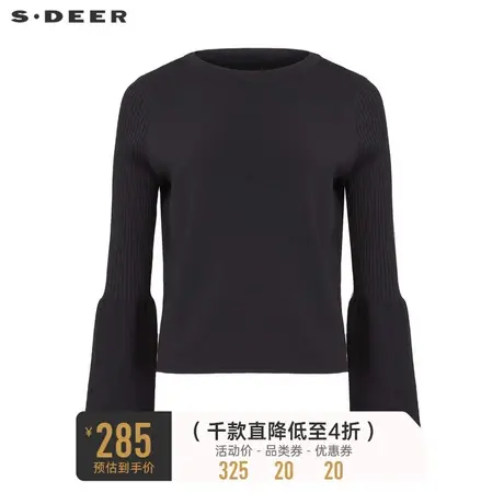 sdeer圣迪奥女装罗纹圆领拼接喇叭袖针织衫S233Z3553图片