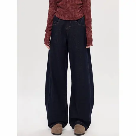 尔给秋季显瘦高腰水洗牛仔裤女百搭复古做旧宽松直筒阔腿裤商品大图