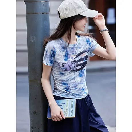 时尚气质短袖T恤2025年夏季新款女印花个性街头通勤修身网纱上衣商品大图