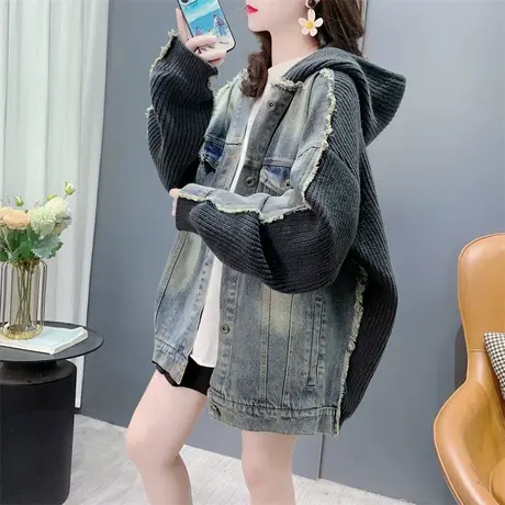 宽松慵懒风牛仔布拼接毛衣开衫女2024秋冬新款复古连帽外套上衣潮商品大图