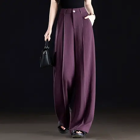 天丝亚麻裤子女2025新款夏季薄款紫色休闲裤高腰垂感冰丝裤阔腿裤商品大图