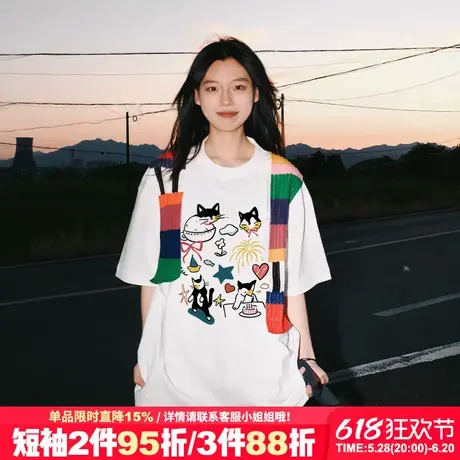 ulzzang小众学院风白色短袖t恤女2025新款卡通涂鸦印花正肩上衣潮图片