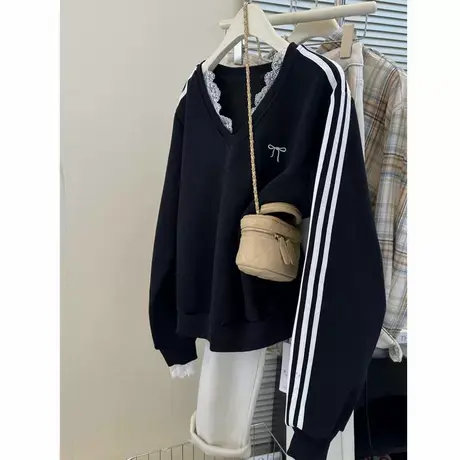 设计感蕾丝拼接V领套头卫衣女秋冬加绒加厚宽松条纹长袖上衣外套图片