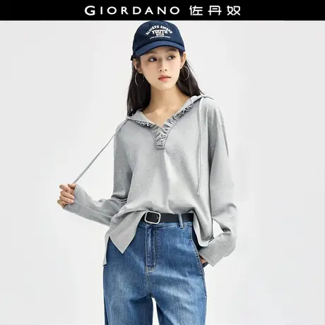 佐丹奴T恤女装荷叶边V字抽绳连帽针织长袖T恤 18324628商品大图