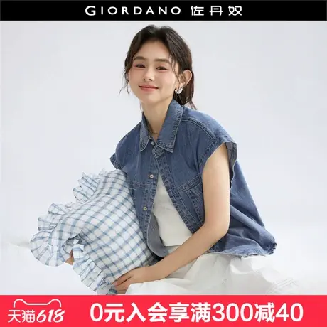 设计师款佐丹奴短袖牛仔衬衣女复古洗水收腰薄款牛仔衬衫18345604图片