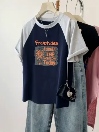 短袖T恤国潮oversize大码宽松插肩袖夏季女装ins复古撞色学生上衣商品大图