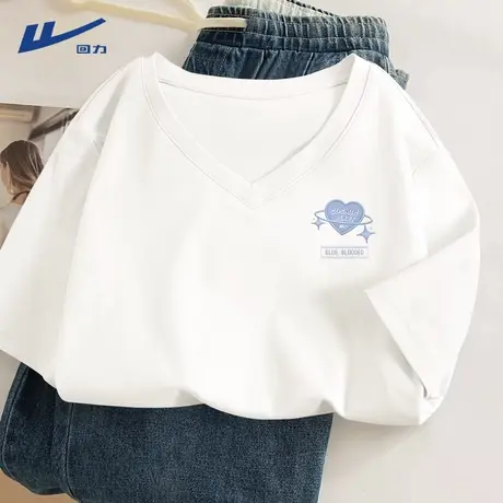 回力白色短袖女t恤2025新款夏季大码女装宽松显瘦V领正肩冰丝女tA商品大图