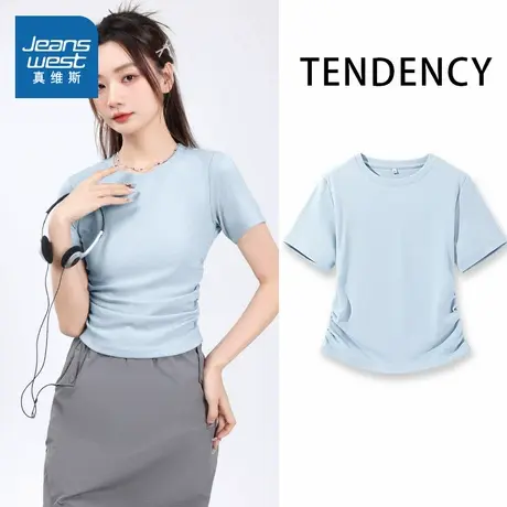 KMV真维斯抽褶正肩短袖t恤女夏季新款紧身设计感短款大码美式上衣商品大图