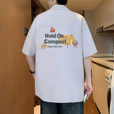 衬衣男夏季2025新款宽松潮牌休闲寸衫美式大码男生高街翻领上衣服商品大图