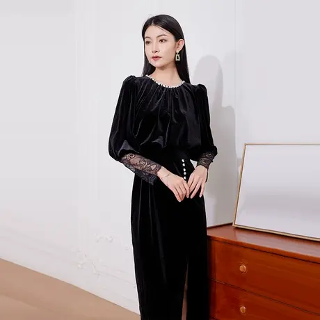 希区瑞普时尚圆领春新款钉珠蕾丝拼接精品显瘦丝绒连衣裙图片