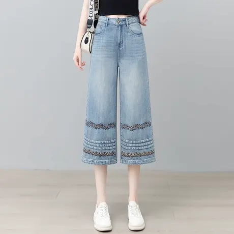 天丝牛仔窄版直筒裤女刺绣国风夏季薄款七分裤透气高腰显瘦阔腿裤商品大图