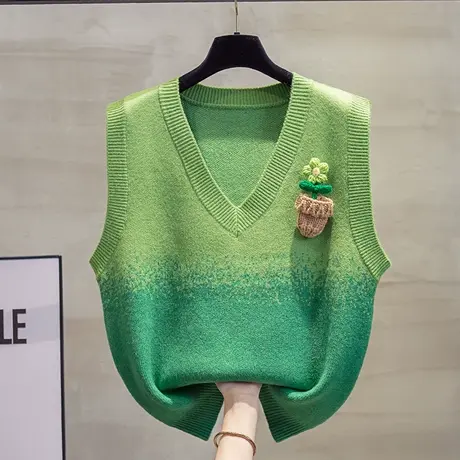 v领渐变色针织马甲背心女2025春秋新款宽松外穿马夹厚毛衣坎肩潮图片