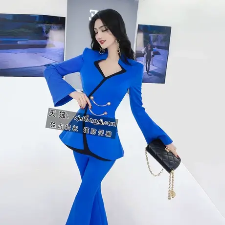 英伦风拼接西装微喇叭西裤两件套春季设计感气质休闲西服套装商品大图