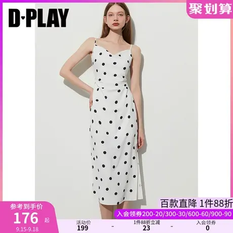 DPLAY2023夏法式复古度假白底黑波点连衣裙荡领开衩印花吊带裙图片