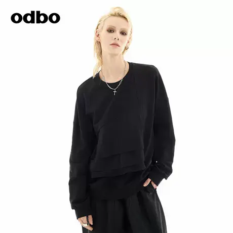 odbo/欧迪比欧不对称叠层花边上衣女2024秋冬新款个性设计感卫衣商品大图