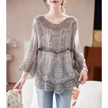 宝诗黎蕾丝镂空拼接刺绣衬衫2025春季宽松慵懒设计感休闲上衣女图片