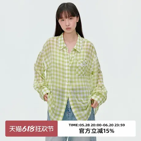 omont蛋挞家复古格纹雪纺物理防晒长袖衬衫2025夏季宽松休闲上衣商品大图