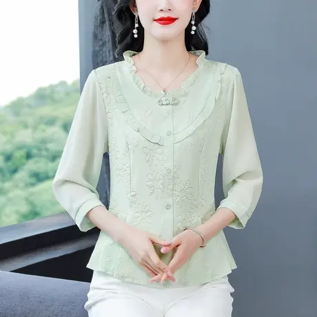 别致七分袖雪纺衬衫女夏装2025新款时尚气质减龄显瘦洋气妈妈上衣图片