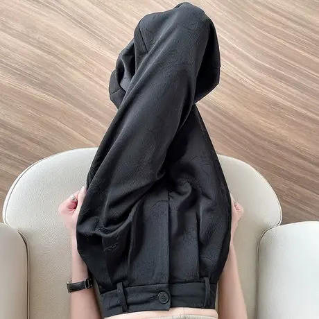 国风缎面阔腿裤女春秋新款宽松休闲高腰小个子新中式提花直筒裤子商品大图