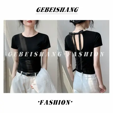 黑色圆领露背正肩短袖上衣女夏季2025新款修身辣妹蝴蝶结方领t恤图片